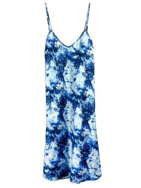 Easy Solution Women's Large Vintage 90s Blue Floral Satin Slip Dress Chemise
